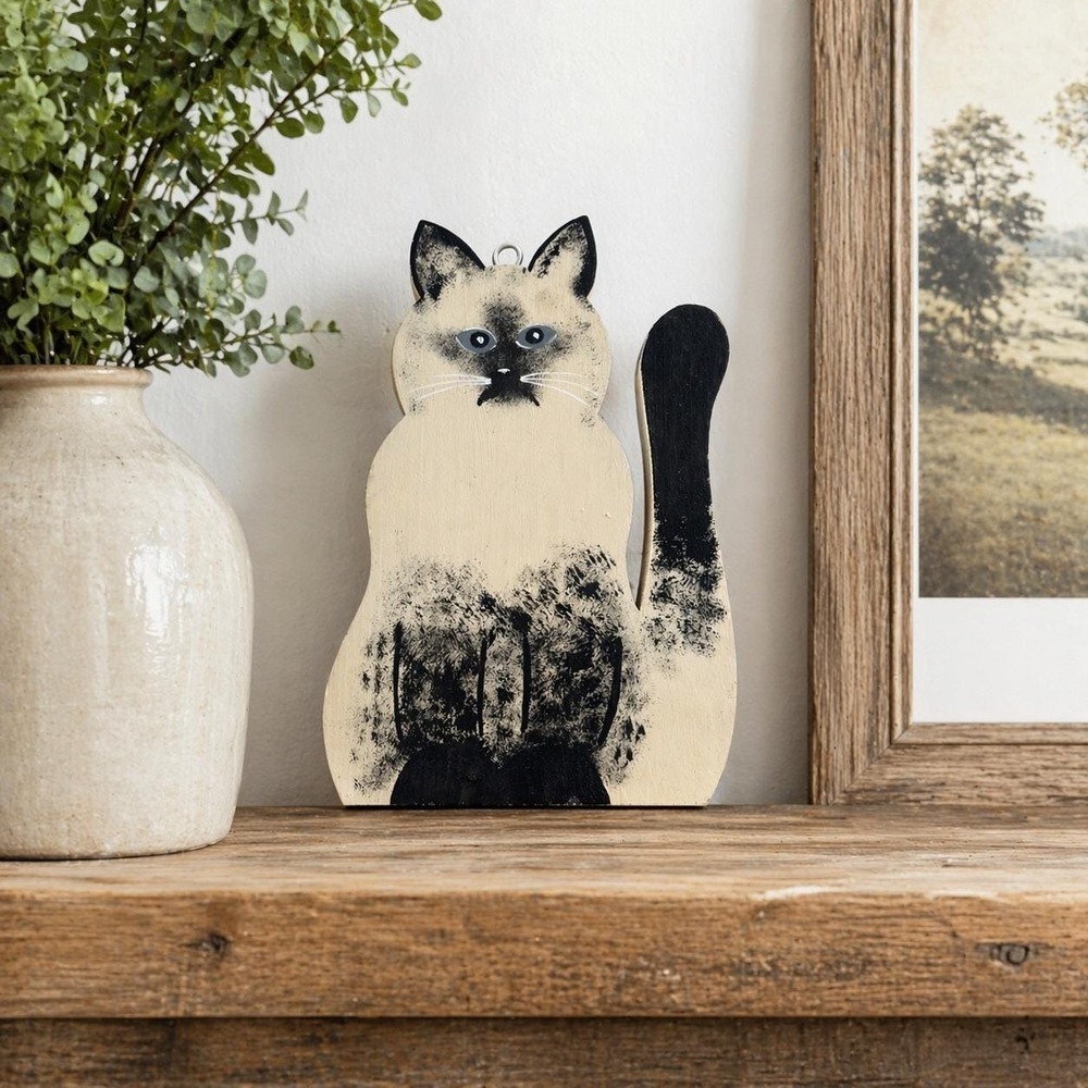 1980s Folk Art Wood Cat Wall Hanging Hand Painted Siamese Cottagecore Whimsical